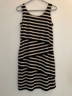 LOFT Black and Cream Striped Asymmetrical Tank Dress